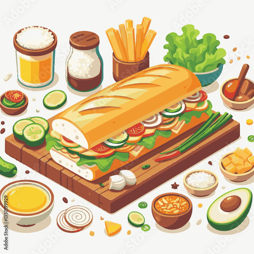 bread, baguette, meal, meat, fresh, food, background, cucumber, carrot, lunch, cuisine, coriander, sandwich, asian, traditional, vietnamese, pork, vietnam, sliced, closeup, cilantro, vegetable, street