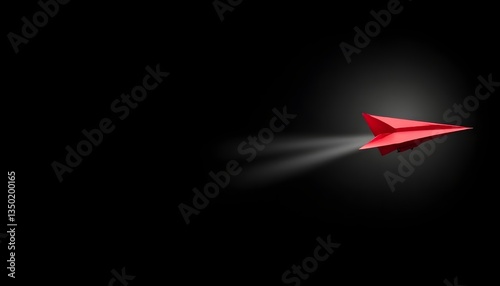 A red paper airplane, illuminated by a single light source, flies in an atmosphere of absolute darkness and blackness