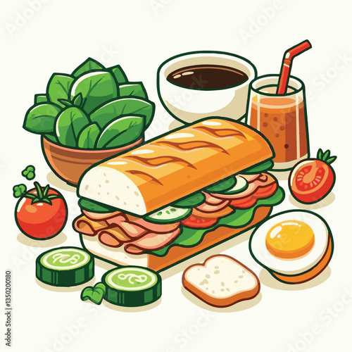 bread, baguette, meal, meat, fresh, food, background, cucumber, carrot, lunch, cuisine, coriander, sandwich, asian, traditional, vietnamese, pork, vietnam, sliced, closeup, cilantro, vegetable, street