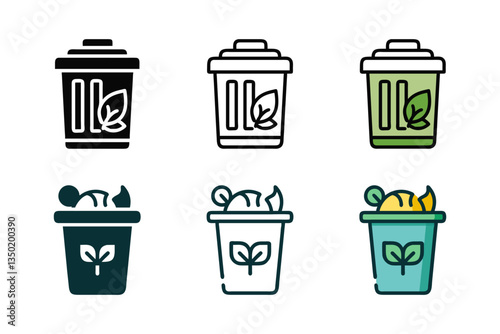 Set Of clean, modern organic waste bin icon representing composting, sustainable waste management, and environmental care.