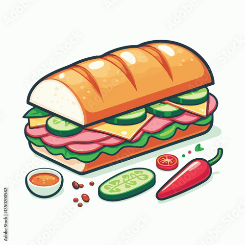 bread, baguette, meal, meat, fresh, food, background, cucumber, carrot, lunch, cuisine, coriander, sandwich, asian, traditional, vietnamese, pork, vietnam, sliced, closeup, cilantro, vegetable, street