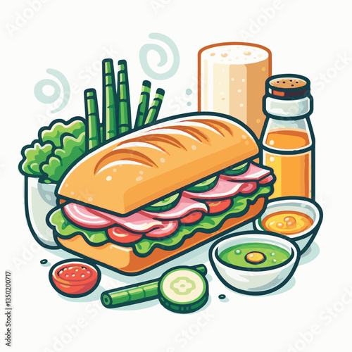 bread, baguette, meal, meat, fresh, food, background, cucumber, carrot, lunch, cuisine, coriander, sandwich, asian, traditional, vietnamese, pork, vietnam, sliced, closeup, cilantro, vegetable, street