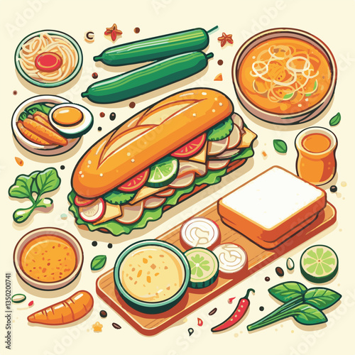 bread, baguette, meal, meat, fresh, food, background, cucumber, carrot, lunch, cuisine, coriander, sandwich, asian, traditional, vietnamese, pork, vietnam, sliced, closeup, cilantro, vegetable, street