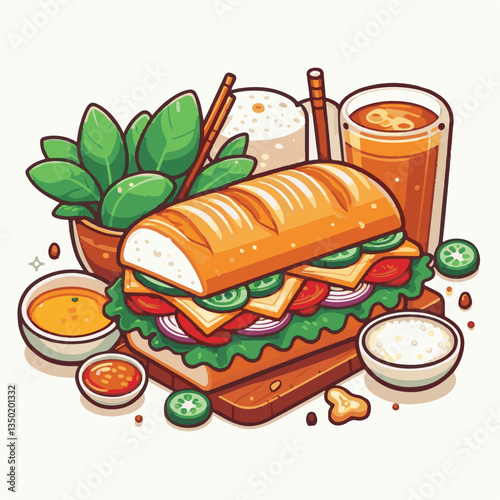 bread, baguette, meal, meat, fresh, food, background, cucumber, carrot, lunch, cuisine, coriander, sandwich, asian, traditional, vietnamese, pork, vietnam, sliced, closeup, cilantro, vegetable, street