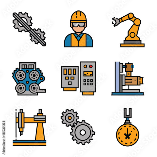 2d vector illustration colorful machine , worker and Industry and its development technology, factories and production lines icon
