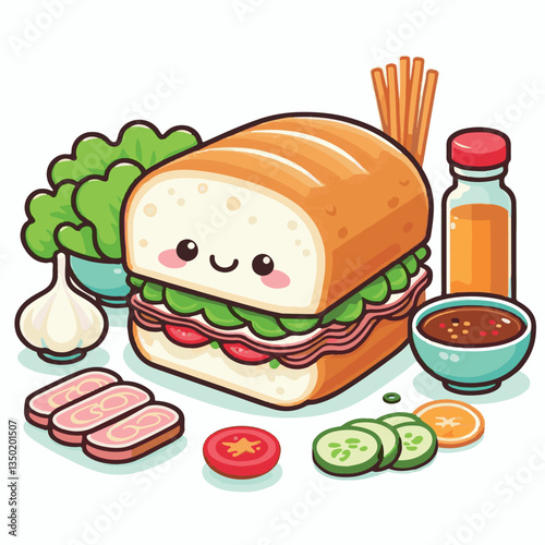 bread, baguette, meal, meat, fresh, food, background, cucumber, carrot, lunch, cuisine, coriander, sandwich, asian, traditional, vietnamese, pork, vietnam, sliced, closeup, cilantro, vegetable, street