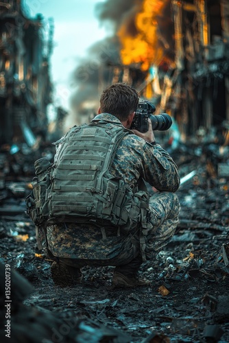 Soldier captures images in a devastated urban landscape during a conflict in the evening light