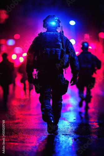 Soldiers walking through a neon-lit urban environment during nighttime operations