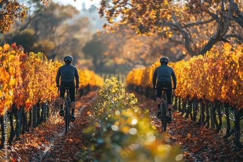 Two cyclists ride through vibrant autumn vineyards at sunset, surrounded by colorful foliage and serene countryside views
