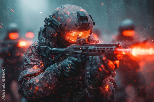 Soldiers in futuristic armor engage in an intense battle during a stormy night with glowing weapons