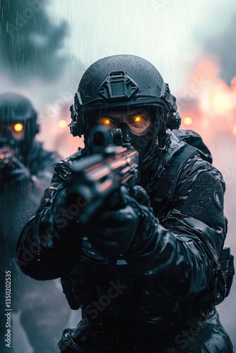 Militant soldiers engaged in an intense operation during a rainstorm at twilight