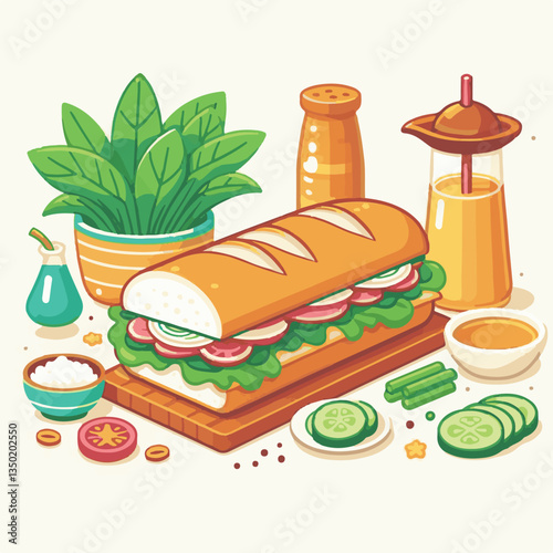 bread, baguette, meal, meat, fresh, food, background, cucumber, carrot, lunch, cuisine, coriander, sandwich, asian, traditional, vietnamese, pork, vietnam, sliced, closeup, cilantro, vegetable, street