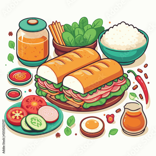 bread, baguette, meal, meat, fresh, food, background, cucumber, carrot, lunch, cuisine, coriander, sandwich, asian, traditional, vietnamese, pork, vietnam, sliced, closeup, cilantro, vegetable, street