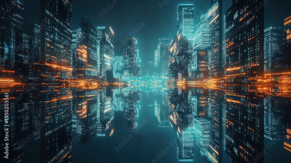 Futuristic City Reflection at Night Futuristic City Reflection at Night