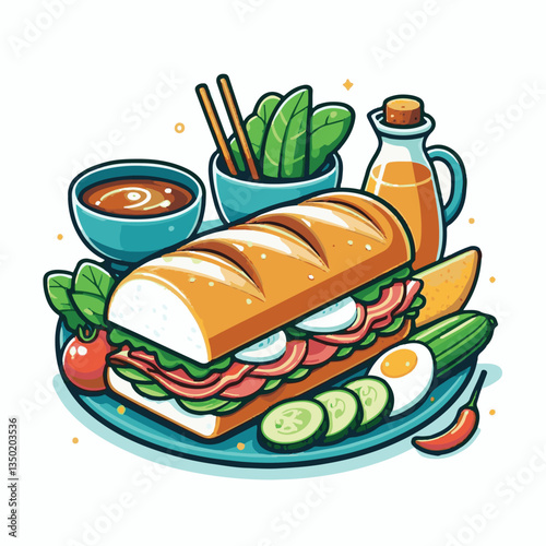 bread, baguette, meal, meat, fresh, food, background, cucumber, carrot, lunch, cuisine, coriander, sandwich, asian, traditional, vietnamese, pork, vietnam, sliced, closeup, cilantro, vegetable, street