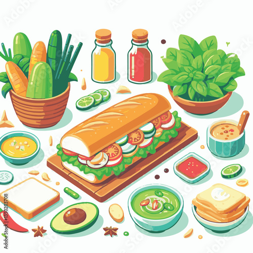 bread, baguette, meal, meat, fresh, food, background, cucumber, carrot, lunch, cuisine, coriander, sandwich, asian, traditional, vietnamese, pork, vietnam, sliced, closeup, cilantro, vegetable, street