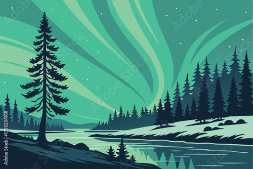 20 Aurora borealis, northern lights, night sky, forest silhouette, reflective lake, winter landscape, ethereal glow, vibrant green and blue colors, starry night, atmospheric phenomenon, snowy shore, p