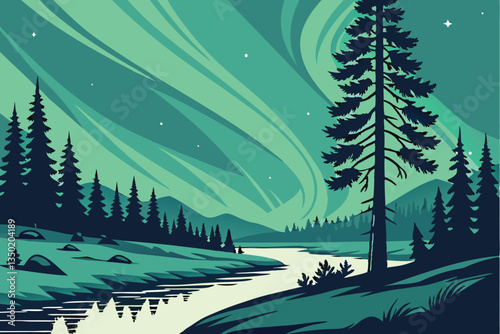 20 Aurora borealis, northern lights, night sky, forest silhouette, reflective lake, winter landscape, ethereal glow, vibrant green and blue colors, starry night, atmospheric phenomenon, snowy shore, p