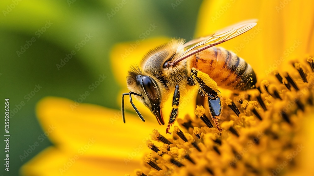 Bee collecting pollen from a sunflower, with green and yellow blurred background Bee collecting pollen from a sunflower, with green and yellow blurred background