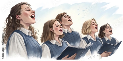 A group of singers performing in a choir, harmonious expressions, white background, high-quality digital art.