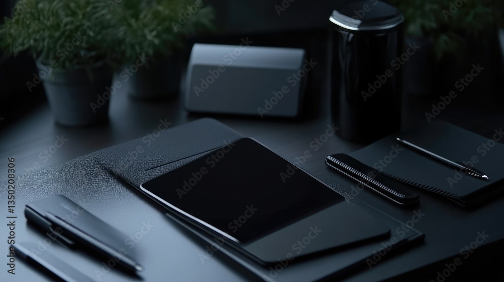 Dark, modern workspace with digital devices Dark, modern workspace with digital devices