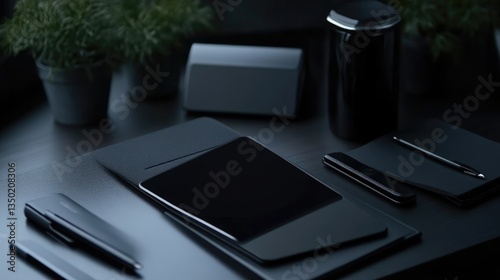 Dark, modern workspace with digital devices