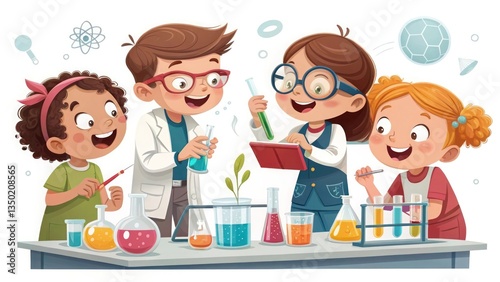 A group of students working on a science experiment, excited expressions, white background, HD vector artwork.