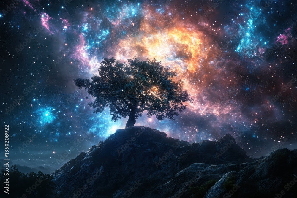 Fototapeta premium Cosmic tree standing on a hill under a vibrant galaxy sky at night