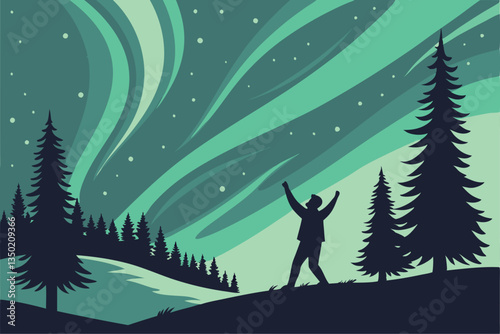 21 Aurora borealis, northern lights, silhouette figure with arms raised, night sky, starry night, green and teal lights, forest treeline, evergreen trees, winter landscape, magical atmosphere, awe-ins