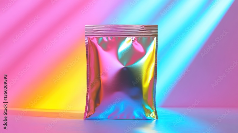 Iridescent pouch studio shot, colorful light, mockup, packaging Iridescent pouch studio shot, colorful light, mockup, packaging