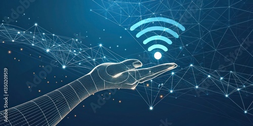 A hand emitting 5G waves, with mesh network lines spreading across the scene.