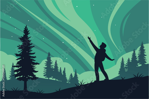 21 Aurora borealis, northern lights, silhouette figure with arms raised, night sky, starry night, green and teal lights, forest treeline, evergreen trees, winter landscape, magical atmosphere, awe-ins