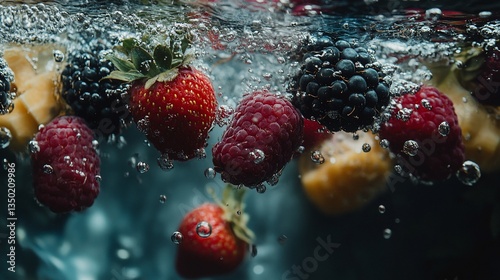 Berries splashing in water creating bubbles with blue gradient backdrop