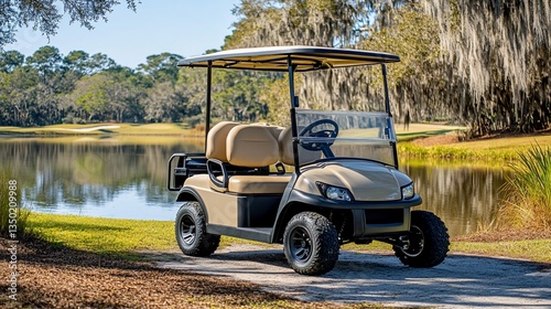 Beige golf cart near lake on golf course