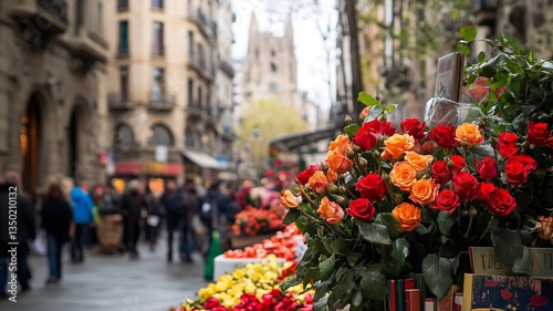 Sant Jordi (Barcelona, Spain), Sant Jordi Festival, Spain Traditional Festival, tradition of giving roses and books in Spain, Culture, Heritage, Cultural Heritage, Events, Roses, Books, Generative AI