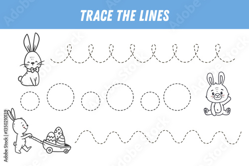 Tracing lines for kids. Cute cartoon bunny, rabbit. Funny animal in doodle style. Handwriting practice. Educational game for preschool kids. Activity page. Vector