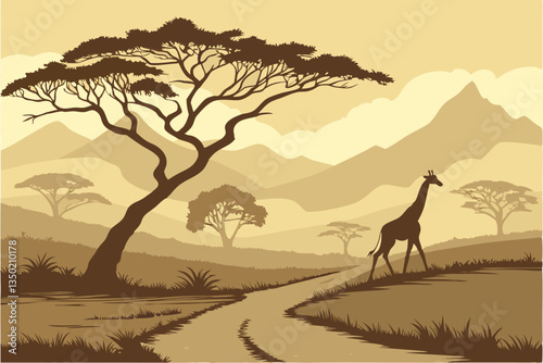 22 African savanna, lone giraffe on dirt road, acacia tree silhouette, golden sunset sky, misty mountains in distance, dramatic lighting, wildlife photography, serene landscape, warm color palette, at