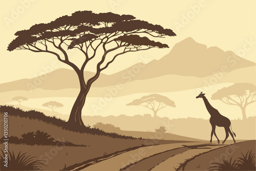 22 African savanna, lone giraffe on dirt road, acacia tree silhouette, golden sunset sky, misty mountains in distance, dramatic lighting, wildlife photography, serene landscape, warm color palette, at