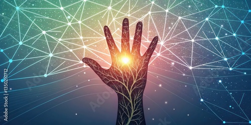 A hand glowing at the center, with mesh network lines branching out like a tree.