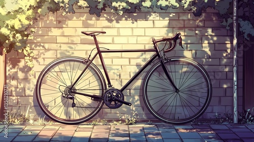 Bicycle Leaning Against Brick Wall, Sunny Day