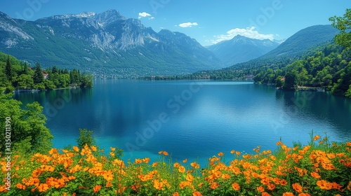 Serene Lake View Surrounded by Vibrant Flowers and Majestic Mountains