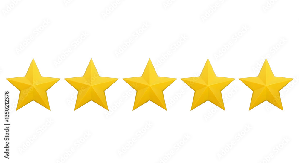 Five yellow stars isolated on transparent background, cut out, ai generated Five yellow stars isolated on transparent background, cut out, ai generated