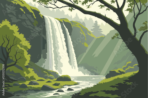 23 Majestic waterfall, lush green forest, cascading white water, moss-covered rocks, ethereal atmosphere, sunlight filtering through trees, misty spray, long exposure photography, vibrant foliage, ser
