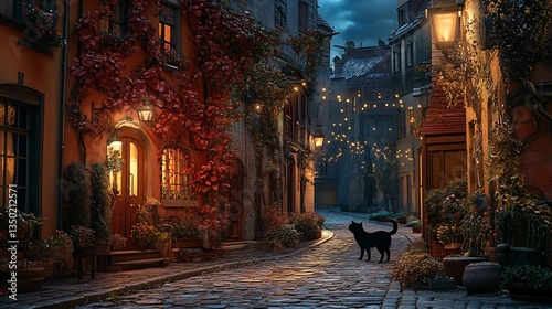 Black cat walks cobblestone street lit by warm lanterns in European town at dusk