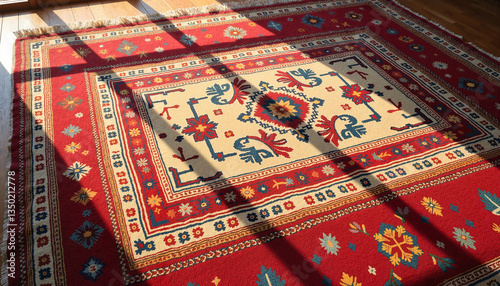 Vibrant wool rug with traditional pattern in cozy indoor setting, comfort