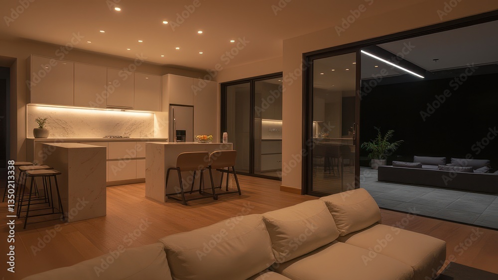 Modern Minimalist Kitchen and Living Room Interior at Night Modern Minimalist Kitchen and Living Room Interior at Night