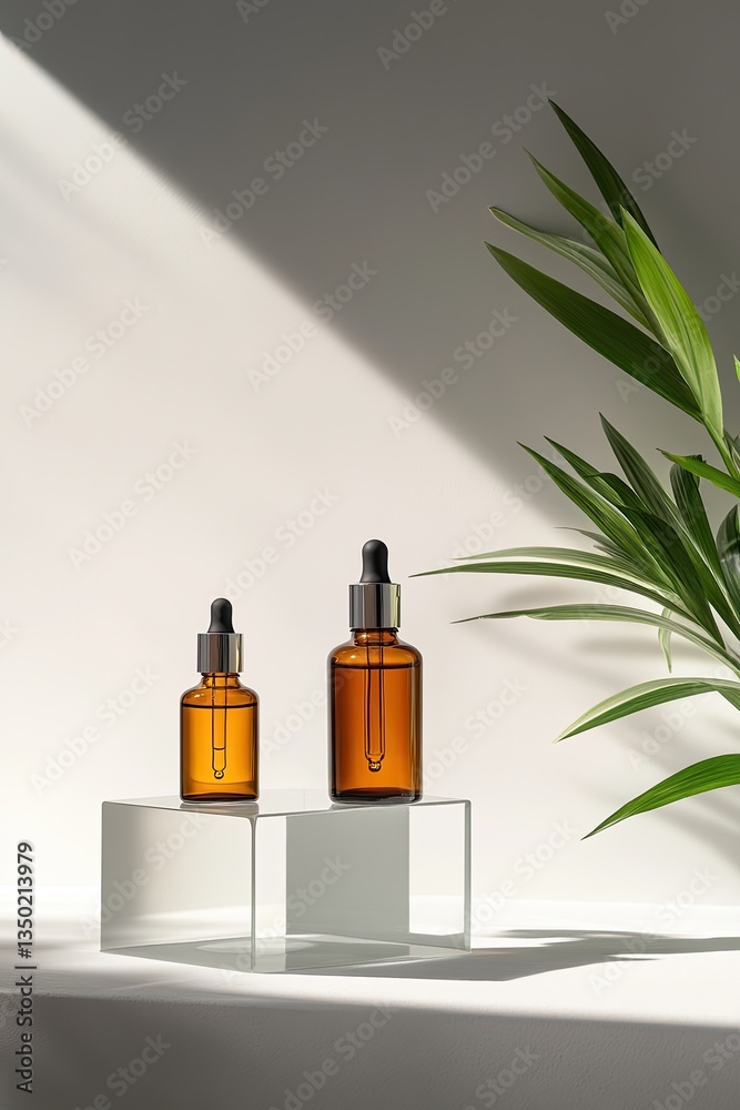 Amber dropper bottles on display podiums, sunlight, botanical accents, product presentation Amber dropper bottles on display podiums, sunlight, botanical accents, product presentation
