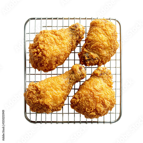 Crispy fried chicken drumsticks with golden breading, placed on a wire rack, isolated on a white transparent background.