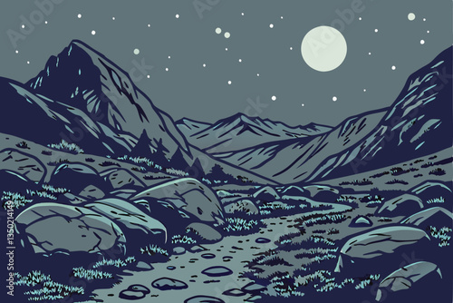 24 Night sky, starry landscape, rocky terrain, large boulders, moonlit mountains, ethereal atmosphere, glowing celestial bodies, cosmic scene, rugged wilderness, dramatic lighting, mystical ambiance, 