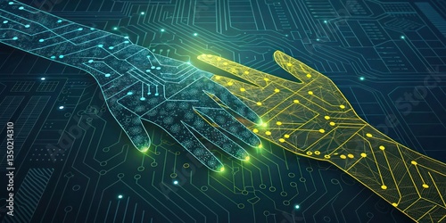 A hand merging with a circuit board, with mesh network lines integrated into the design.
